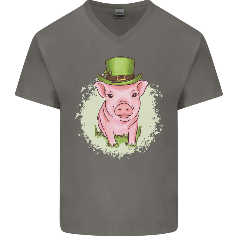 St Patricks Day Pig Mens V-Neck Cotton T-Shirt Charcoal