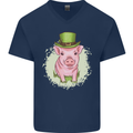 St Patricks Day Pig Mens V-Neck Cotton T-Shirt Navy Blue