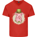 St Patricks Day Pig Mens V-Neck Cotton T-Shirt Red