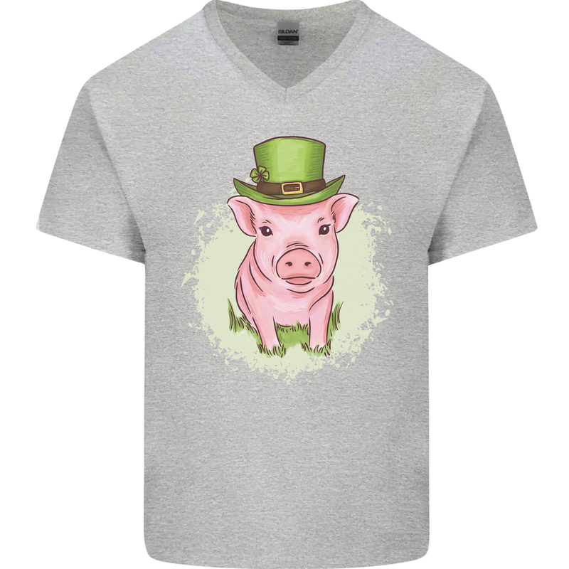 St Patricks Day Pig Mens V-Neck Cotton T-Shirt Sports Grey
