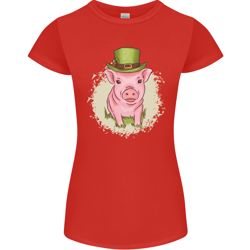 St Patricks Day Pig Womens Petite Cut T-Shirt Red