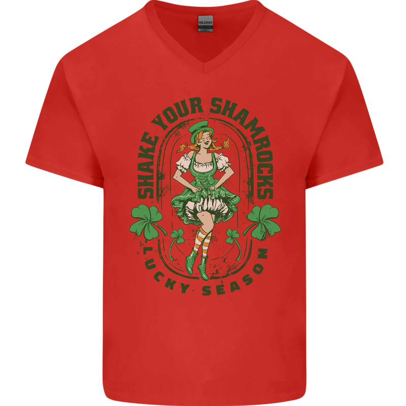 St Patricks Day Shake Your Shamrocks Mens V-Neck Cotton T-Shirt Red