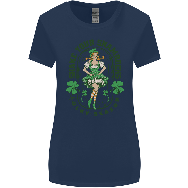 St Patricks Day Shake Your Shamrocks Womens Wider Cut T-Shirt Navy Blue