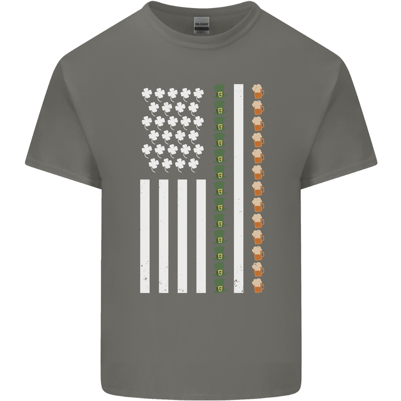 St Patricks Day USA Flag America Beer Alcohol Mens Cotton T-Shirt Tee Top Charcoal