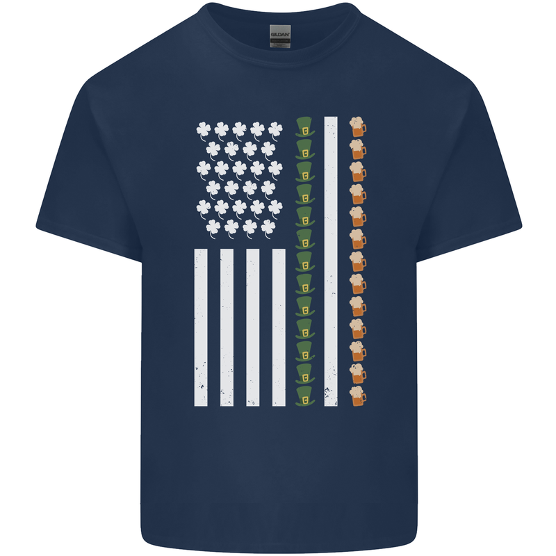 St Patricks Day USA Flag America Beer Alcohol Mens Cotton T-Shirt Tee Top Navy Blue