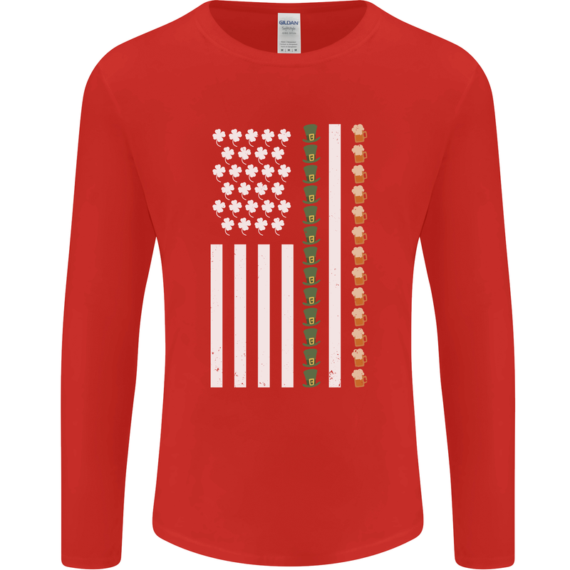 St Patricks Day USA Flag America Beer Alcohol Mens Long Sleeve T-Shirt Red