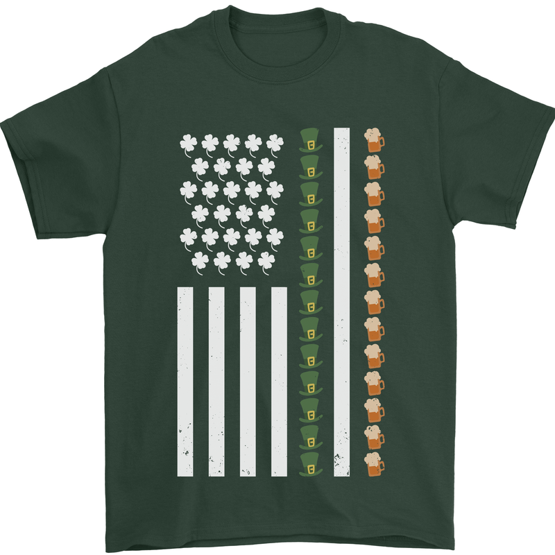St Patricks Day USA Flag America Beer Alcohol Mens T-Shirt 100% Cotton Forest Green