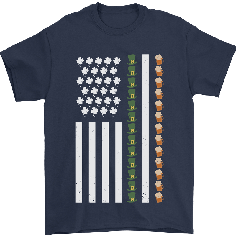St Patricks Day USA Flag America Beer Alcohol Mens T-Shirt 100% Cotton Navy Blue
