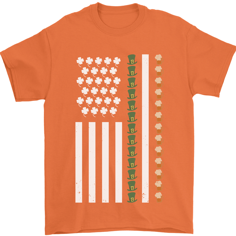 St Patricks Day USA Flag America Beer Alcohol Mens T-Shirt 100% Cotton Orange