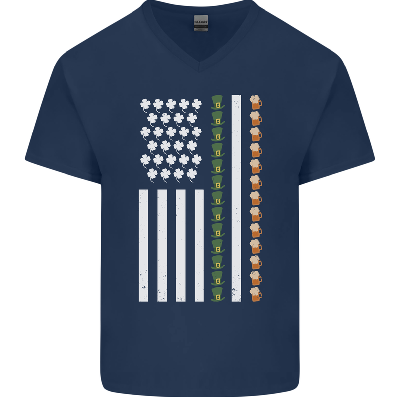St Patricks Day USA Flag America Beer Alcohol Mens V-Neck Cotton T-Shirt Navy Blue