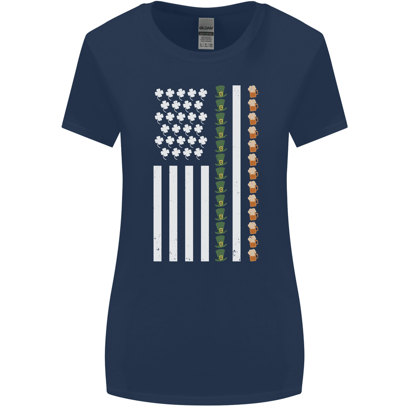 St Patricks Day USA Flag America Beer Alcohol Womens Wider Cut T-Shirt Navy Blue
