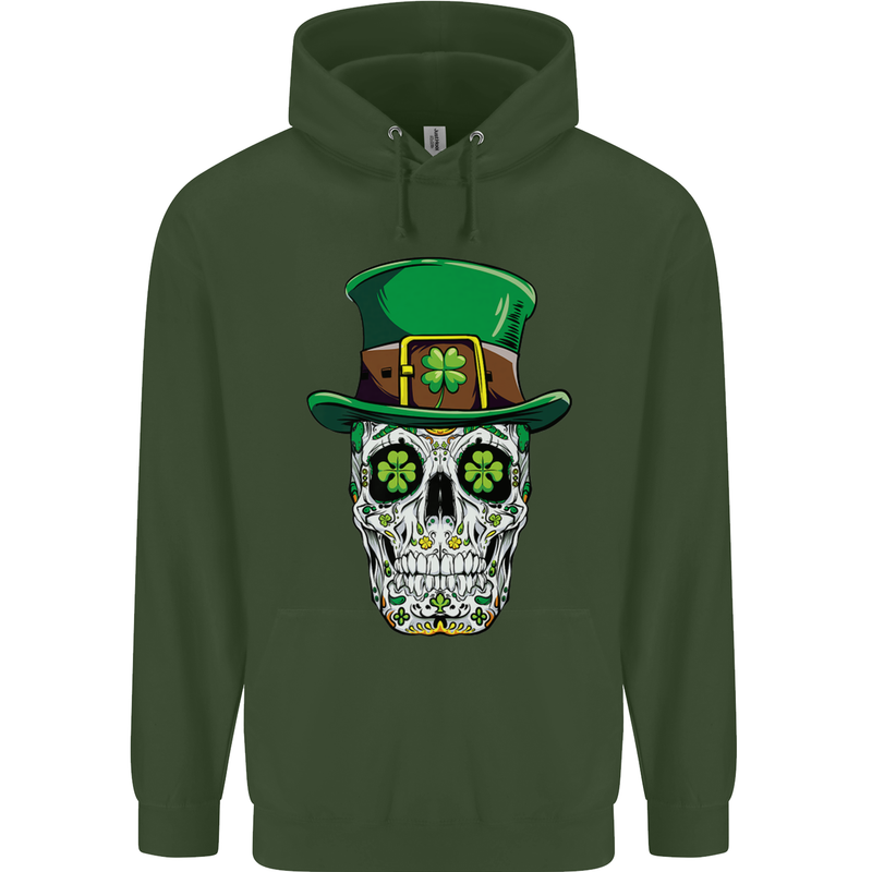 St Patricks Day of the Dead Sugar Skull Childrens Kids Hoodie Forest Green