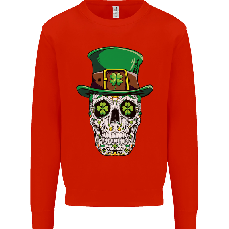 St Patricks Day of the Dead Sugar Skull Kids Sweatshirt Jumper Bright Red