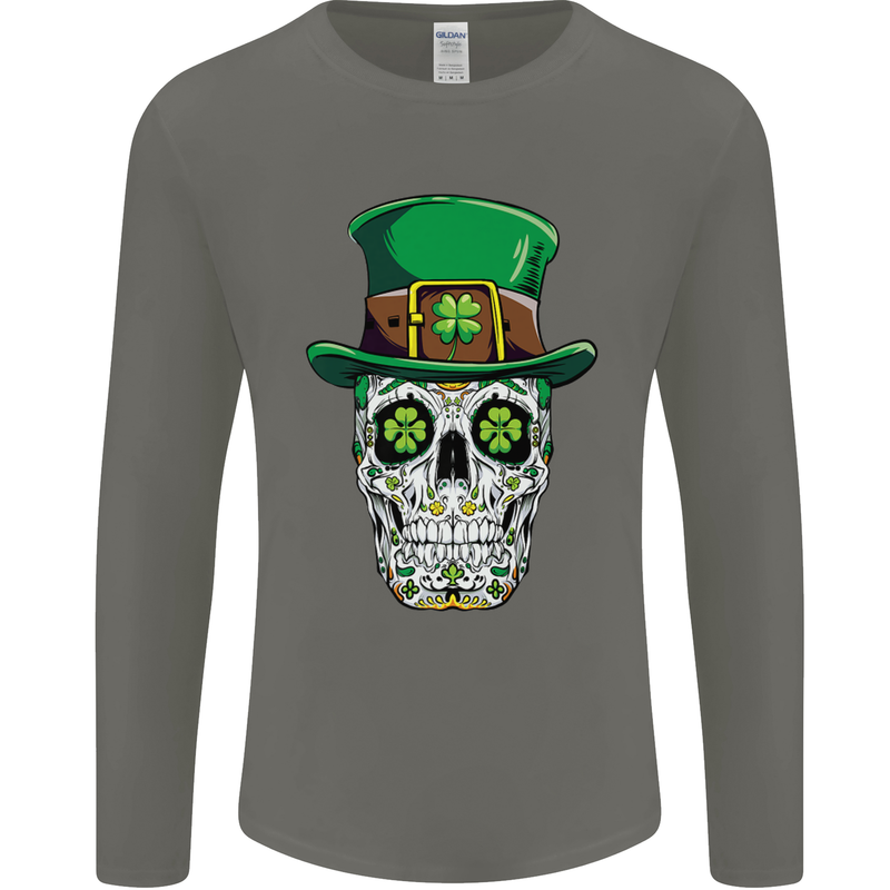 St Patricks Day of the Dead Sugar Skull Mens Long Sleeve T-Shirt Charcoal