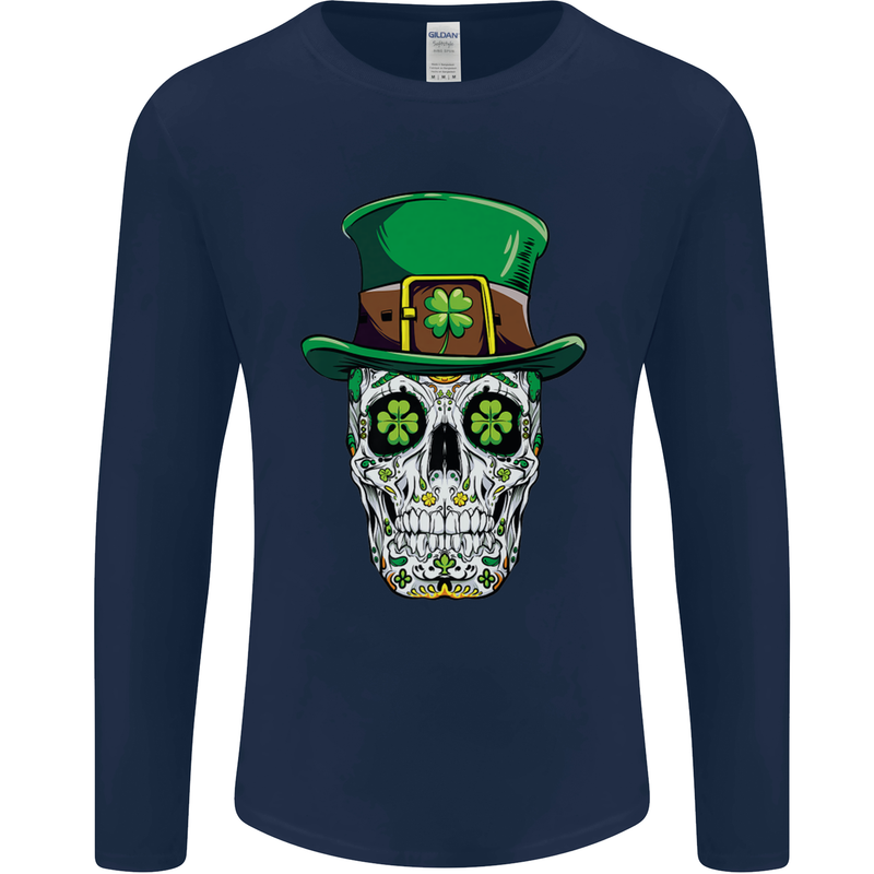 St Patricks Day of the Dead Sugar Skull Mens Long Sleeve T-Shirt Navy Blue