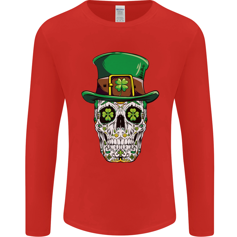 St Patricks Day of the Dead Sugar Skull Mens Long Sleeve T-Shirt Red