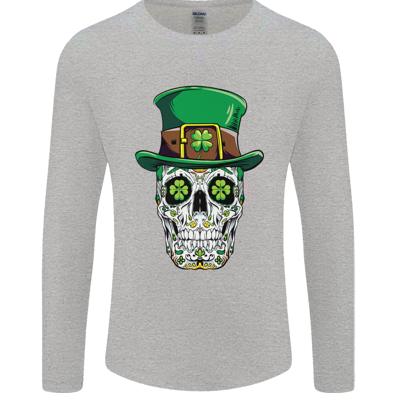 St Patricks Day of the Dead Sugar Skull Mens Long Sleeve T-Shirt Sports Grey