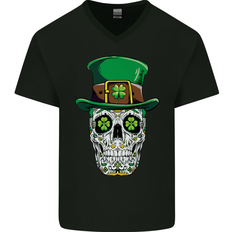 St Patricks Day of the Dead Sugar Skull Mens V-Neck Cotton T-Shirt Black