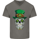 St Patricks Day of the Dead Sugar Skull Mens V-Neck Cotton T-Shirt Charcoal