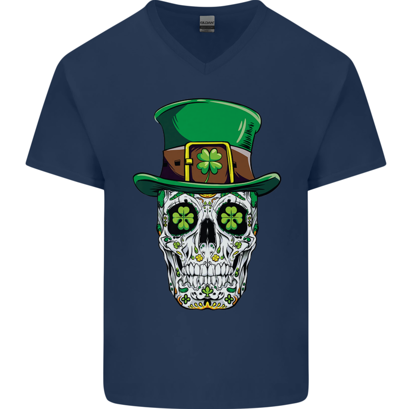 St Patricks Day of the Dead Sugar Skull Mens V-Neck Cotton T-Shirt Navy Blue