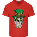 St Patricks Day of the Dead Sugar Skull Mens V-Neck Cotton T-Shirt Red