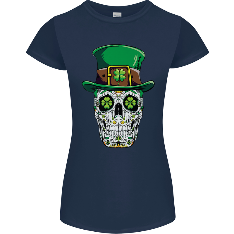St Patricks Day of the Dead Sugar Skull Womens Petite Cut T-Shirt Navy Blue