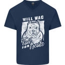Staffordshire Terrier Wag For Treats Funny Mens V-Neck Cotton T-Shirt Navy Blue