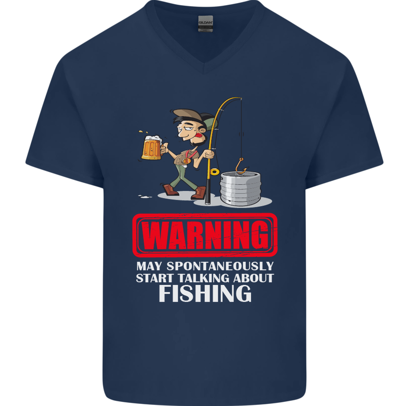 Start Talking About Fishing Funny Fisherman Mens V-Neck Cotton T-Shirt Navy Blue