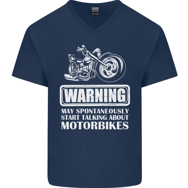 Start Talking About Motorbikes Funny Biker Mens V-Neck Cotton T-Shirt Navy Blue