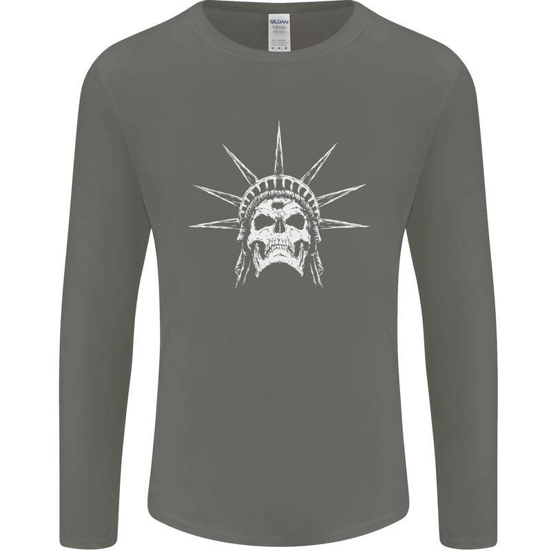 Statue of Liberty Skull USA Gothic Biker Mens Long Sleeve T-Shirt Charcoal