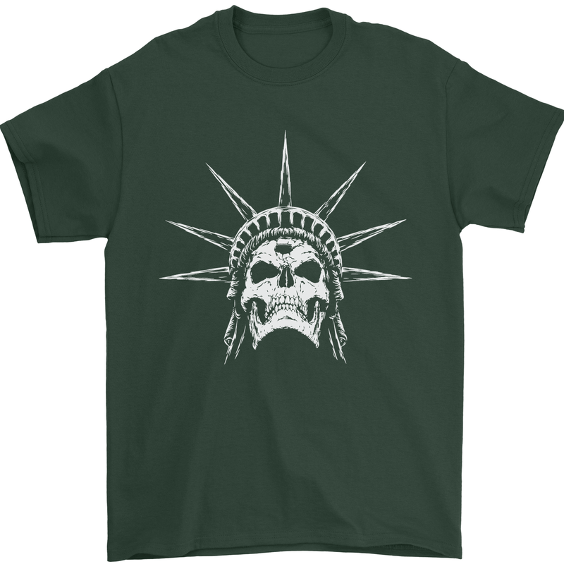 Statue of Liberty Skull USA Gothic Biker Mens T-Shirt Cotton Gildan Forest Green