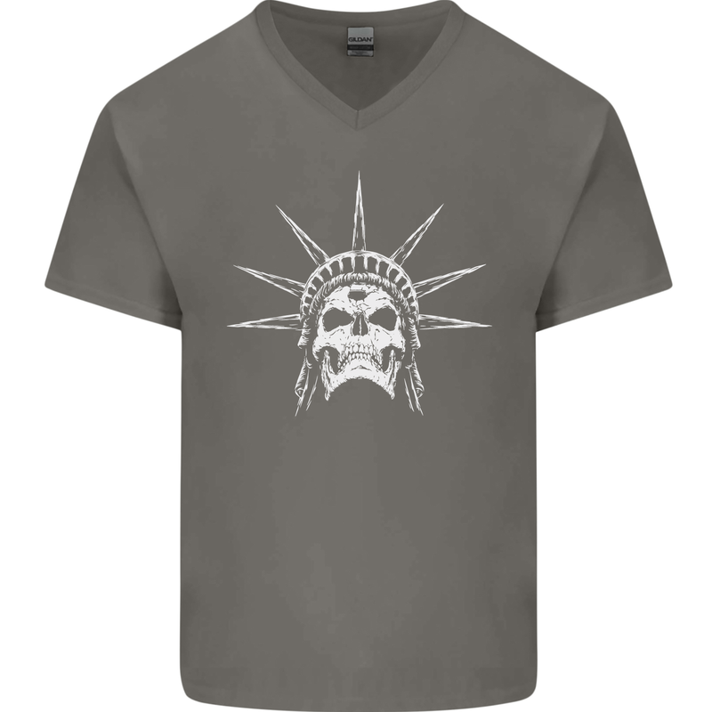 Statue of Liberty Skull USA Gothic Biker Mens V-Neck Cotton T-Shirt Charcoal