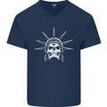 Statue of Liberty Skull USA Gothic Biker Mens V-Neck Cotton T-Shirt Navy Blue