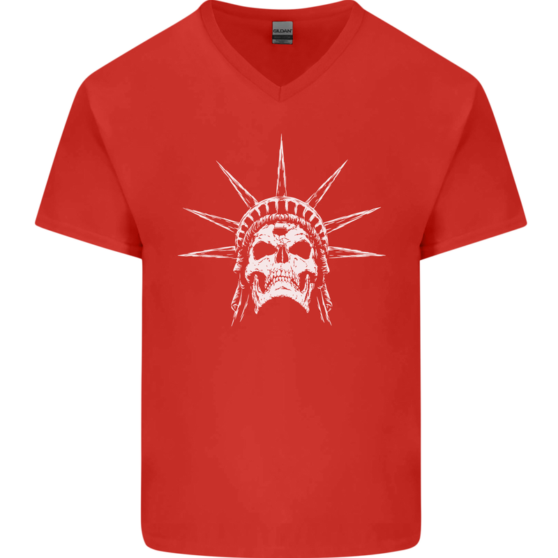 Statue of Liberty Skull USA Gothic Biker Mens V-Neck Cotton T-Shirt Red
