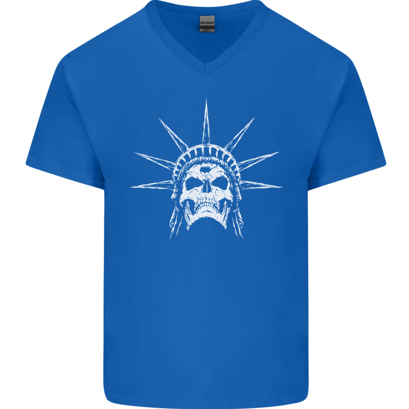 Statue of Liberty Skull USA Gothic Biker Mens V-Neck Cotton T-Shirt Royal Blue