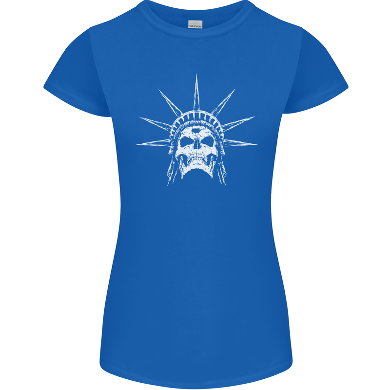Statue of Liberty Skull USA Gothic Biker Womens Petite Cut T-Shirt Royal Blue