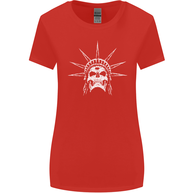 Statue of Liberty Skull USA Gothic Biker Womens Wider Cut T-Shirt Red