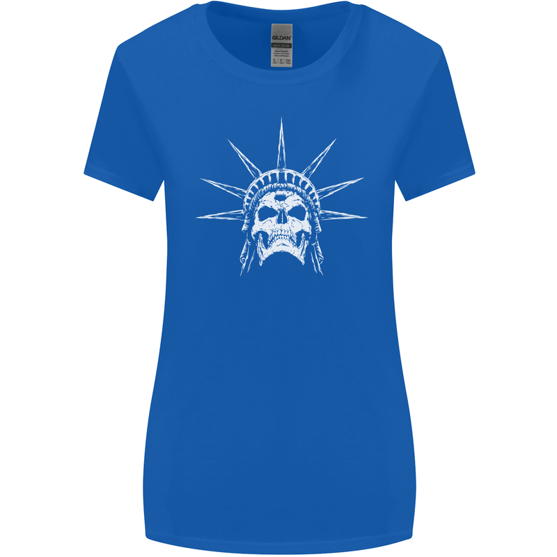 Statue of Liberty Skull USA Gothic Biker Womens Wider Cut T-Shirt Royal Blue