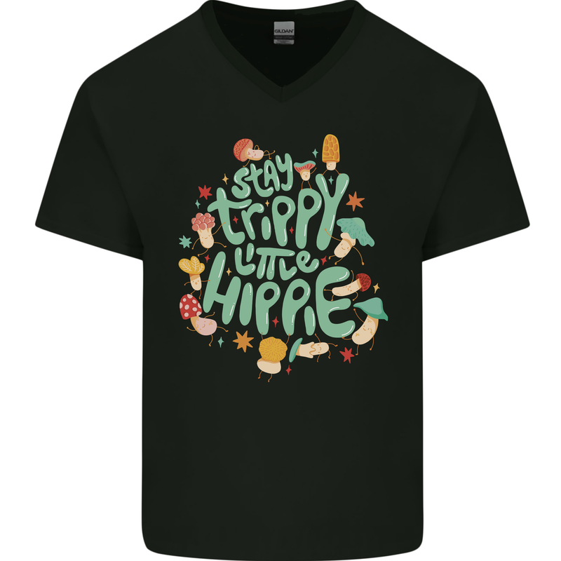 Stay Trippy Hippy Magic Mushrooms Drugs Mens V-Neck Cotton T-Shirt Black