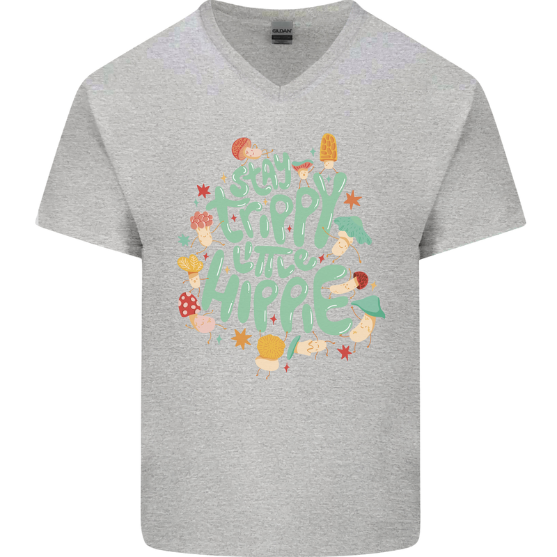 Stay Trippy Hippy Magic Mushrooms Drugs Mens V-Neck Cotton T-Shirt Sports Grey