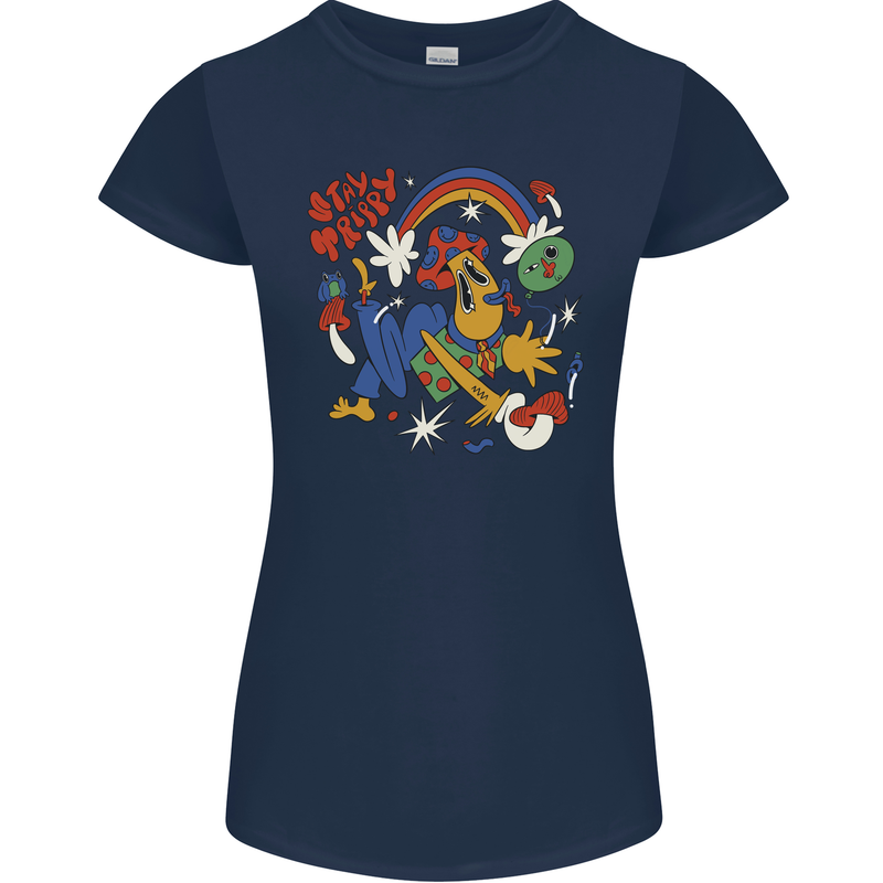Stay Trippy Magic Mushrooms LSD Womens Petite Cut T-Shirt Navy Blue