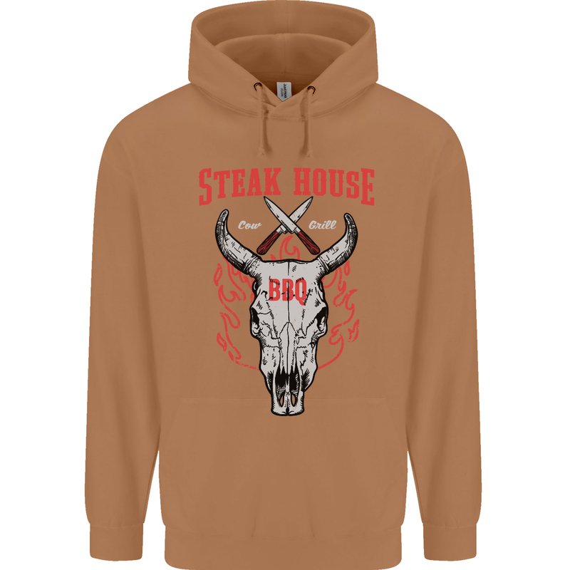 Steak House BBQ Cow Skull Grill Beef Food Mens 80% Cotton Hoodie Caramel Latte