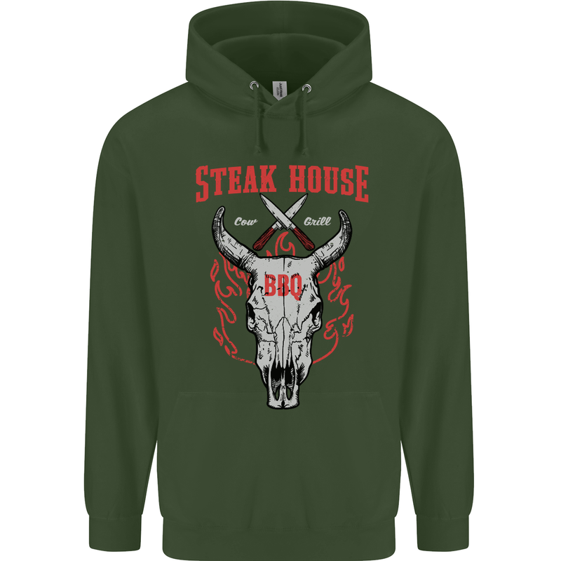Steak House BBQ Cow Skull Grill Beef Food Mens 80% Cotton Hoodie Forest Green