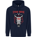 Steak House BBQ Cow Skull Grill Beef Food Mens 80% Cotton Hoodie Navy Blue