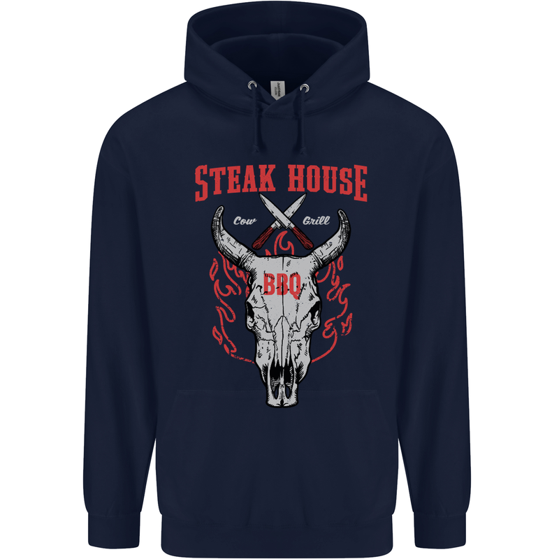 Steak House BBQ Cow Skull Grill Beef Food Mens 80% Cotton Hoodie Navy Blue