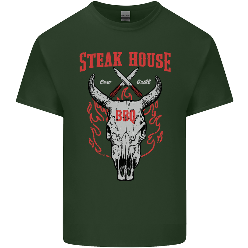 Steak House BBQ Cow Skull Grill Beef Food Mens Cotton T-Shirt Tee Top Forest Green