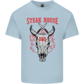 Steak House BBQ Cow Skull Grill Beef Food Mens Cotton T-Shirt Tee Top Light Blue