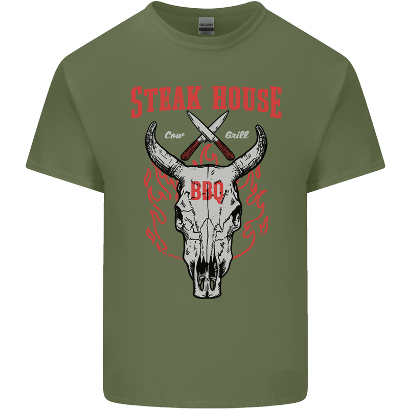 Steak House BBQ Cow Skull Grill Beef Food Mens Cotton T-Shirt Tee Top Military Green