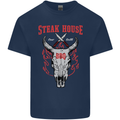 Steak House BBQ Cow Skull Grill Beef Food Mens Cotton T-Shirt Tee Top Navy Blue