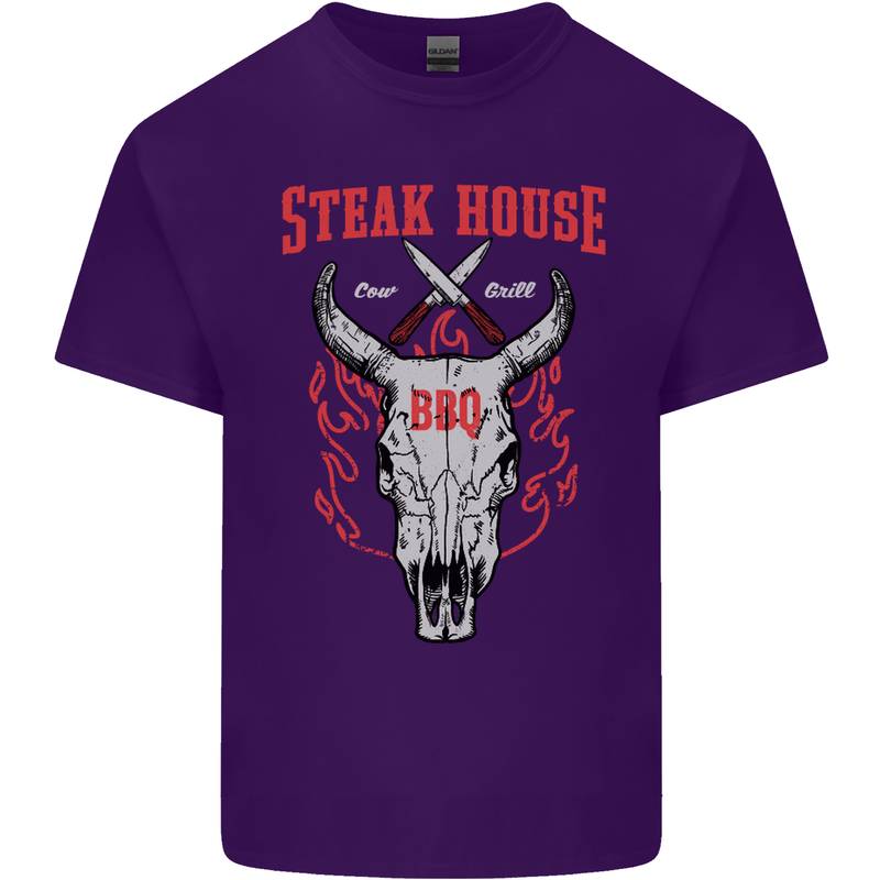 Steak House BBQ Cow Skull Grill Beef Food Mens Cotton T-Shirt Tee Top Purple